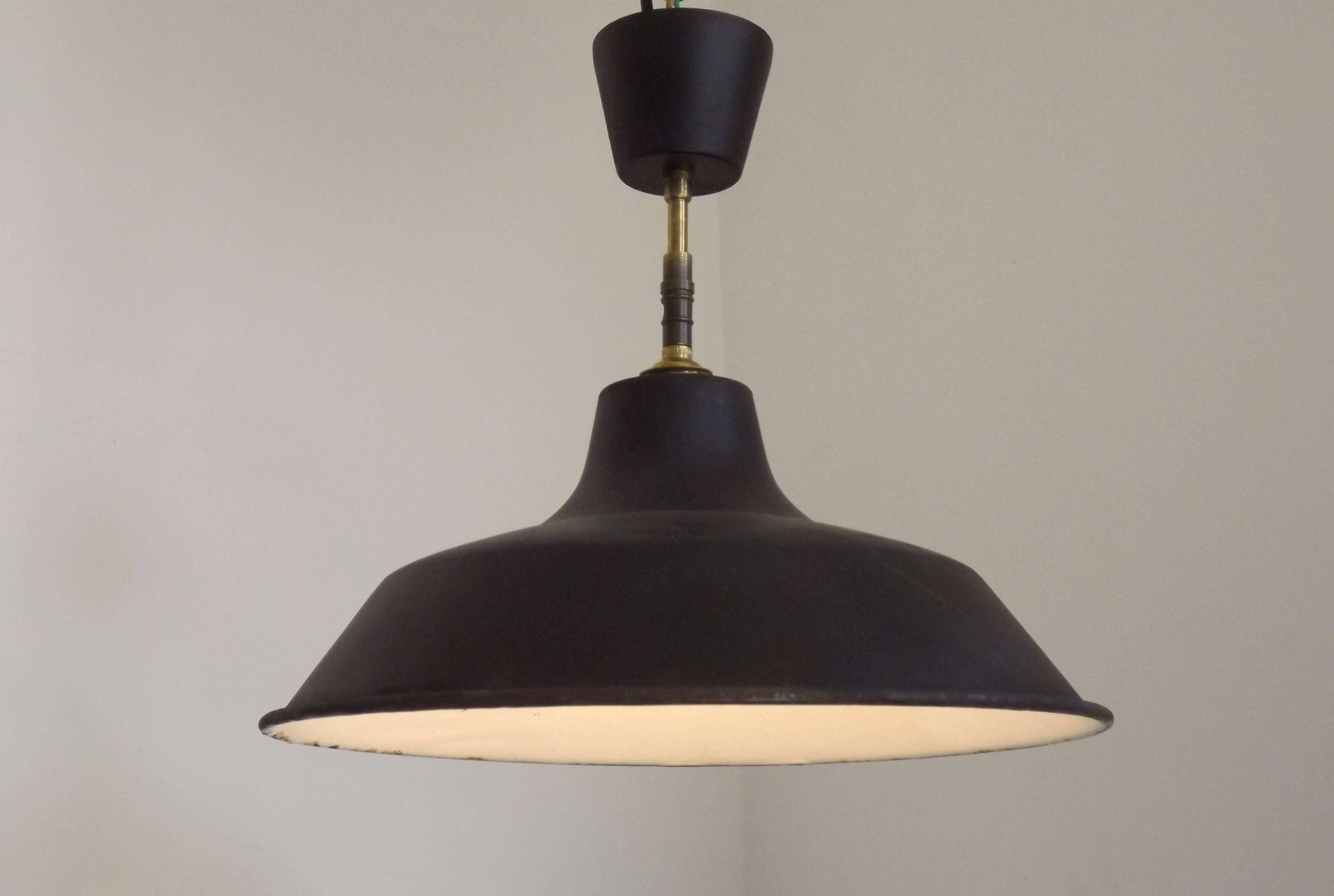 French Vintage 1950s Industrial Light In Black Metal White Enamal & Brass