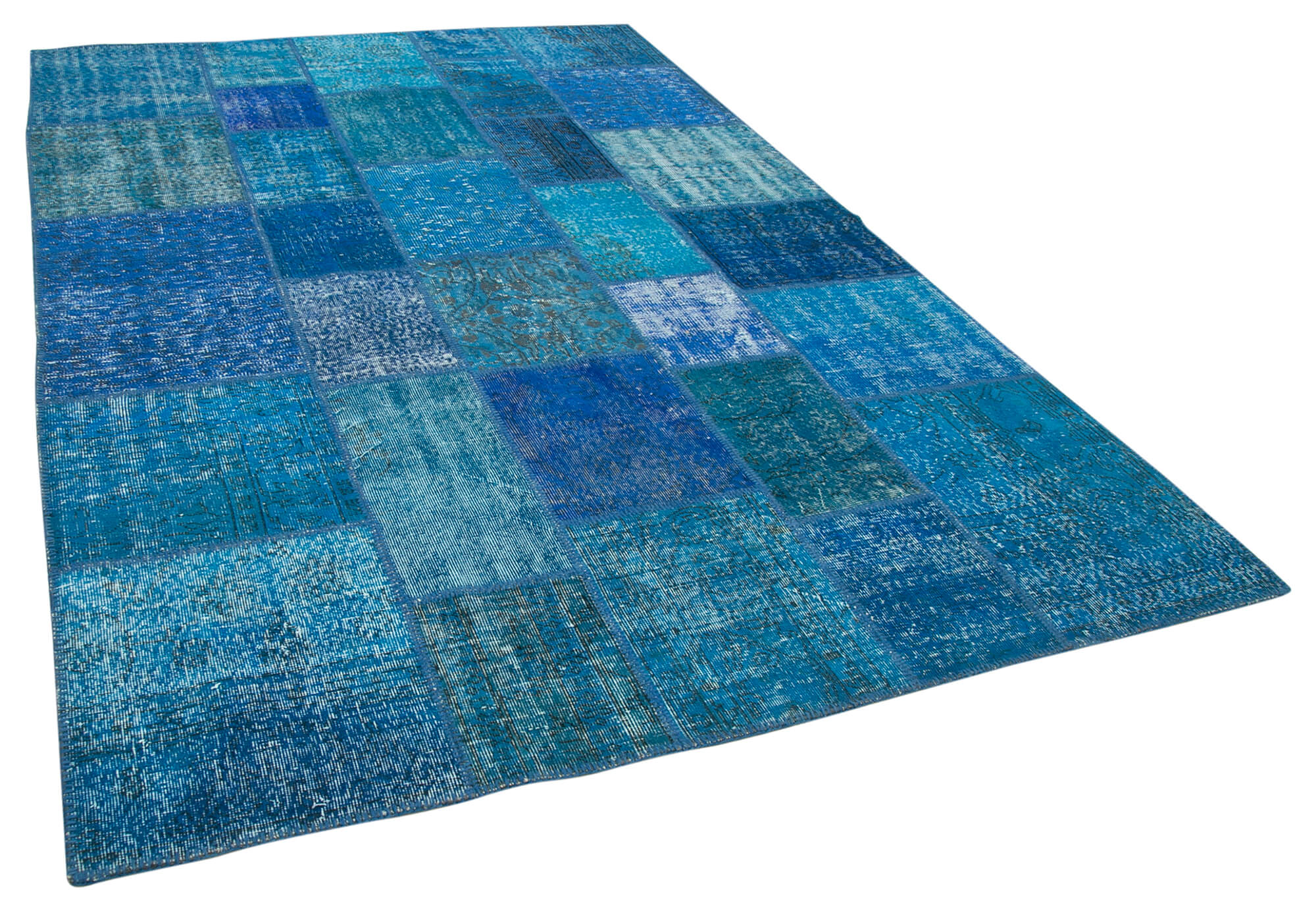 Hand-knotted oriental overdyed 205 cm x 305 cm blue patchwork carpet