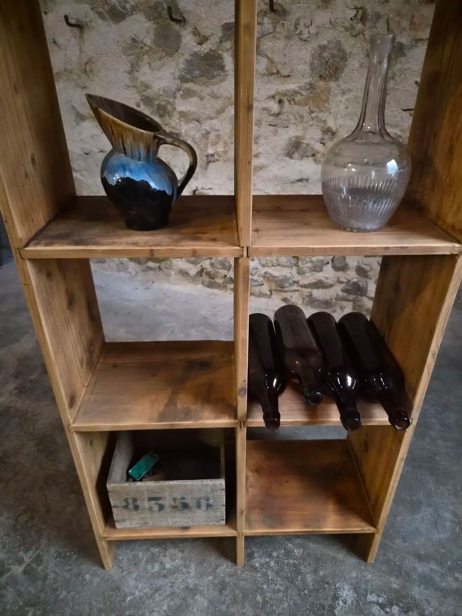 Vintage pine shelf with compartments, room divider, 1950s.