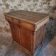 Antique French oak shop counter, kitchen island on wheels, circa 1880–1900.