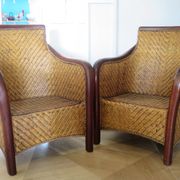 Set of 2 armchairs in woven rattan and exotic wood, 1980s
