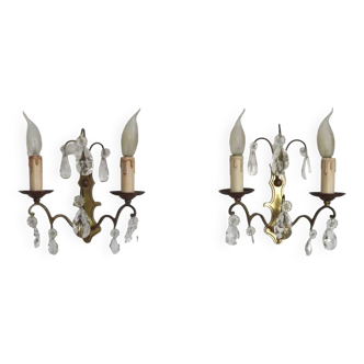 Pair French Vintage Brass Double Wall Lights With Assorted Crystal Drops 4652