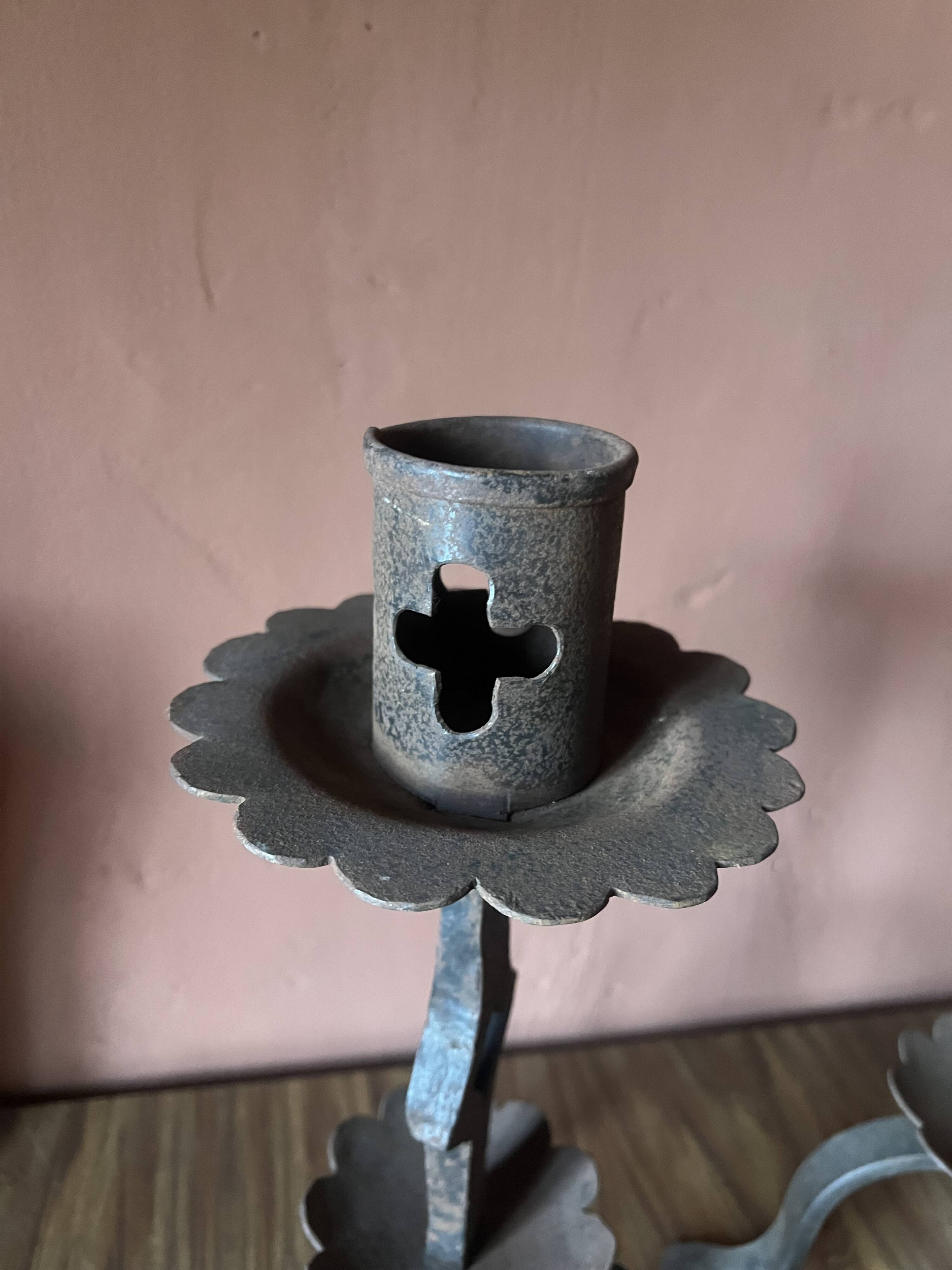 Pair of Antique French Wrought Iron Candlesticks