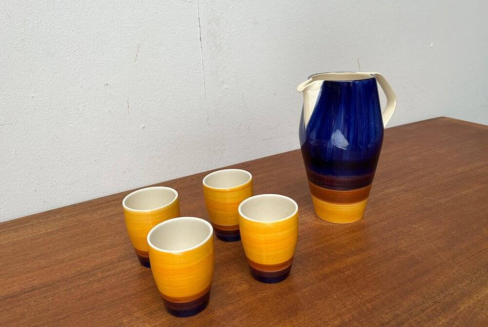 Mid-century hand-painted German décor, ceramic jug 507 with cups from Stützel & Sachs Aalen Keramik, 1960s, set of 5.