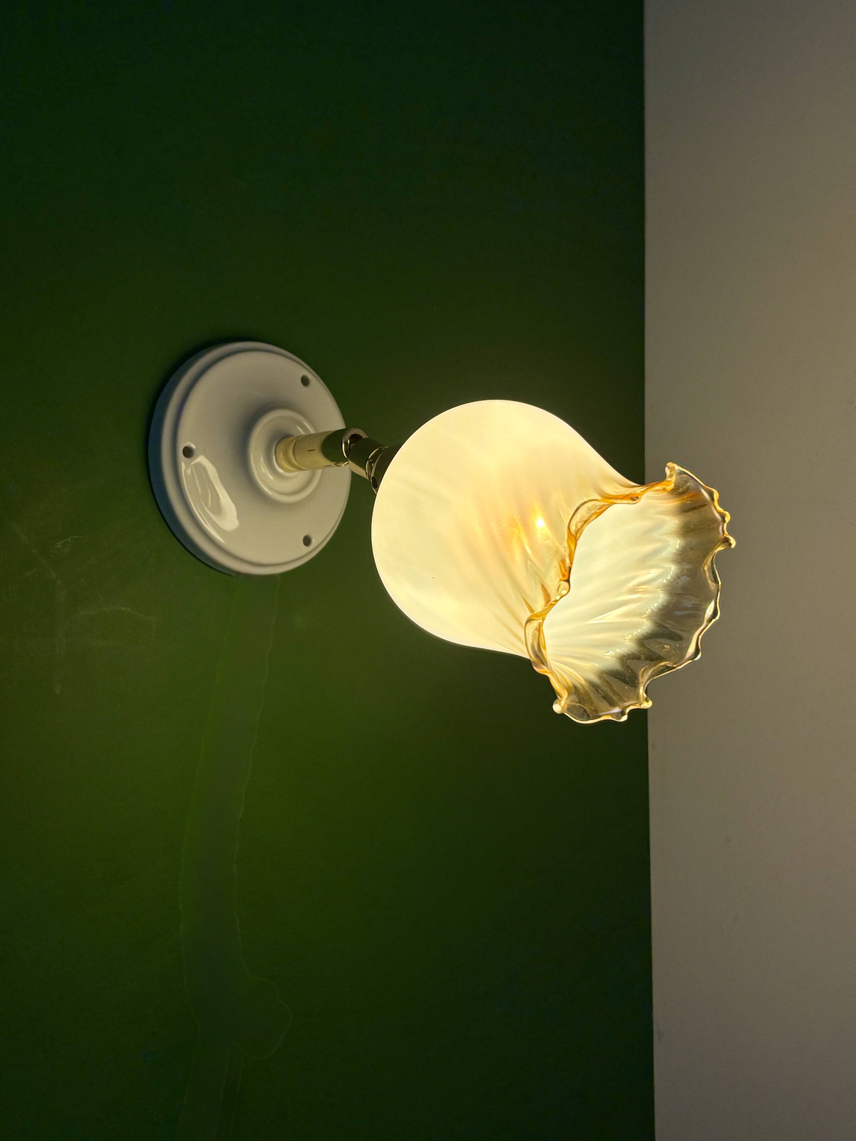 Vintage tulip wall light in white and amber glass