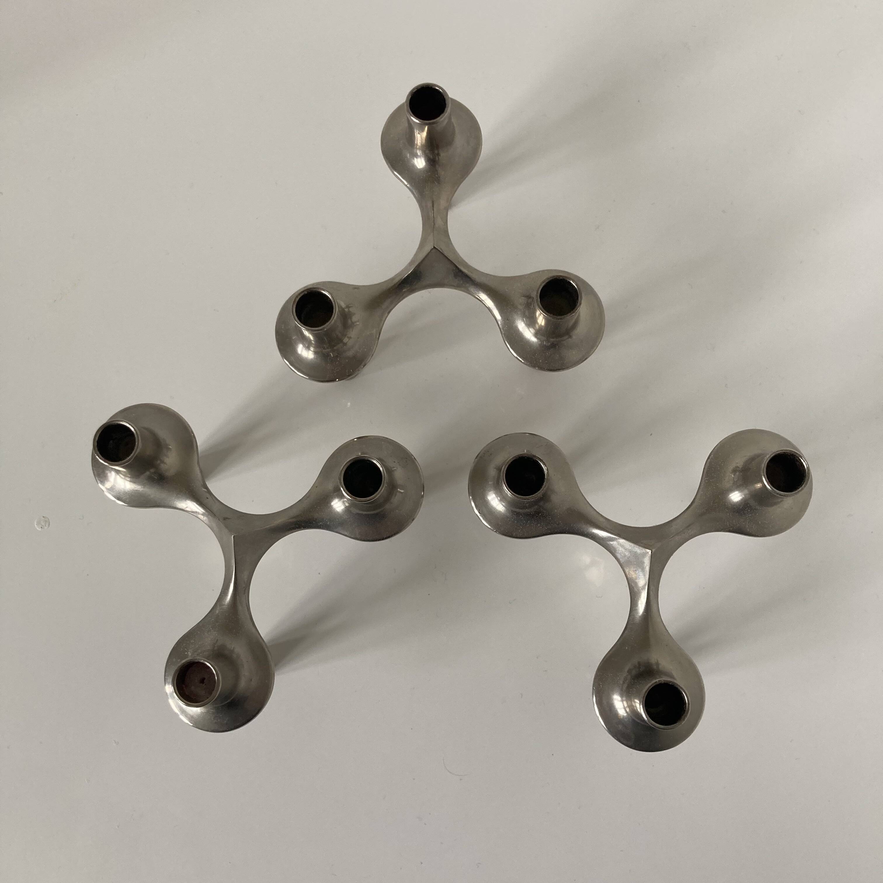 Set of three metal candle holders Nagel by Caesar Stoffi, circa 1960.