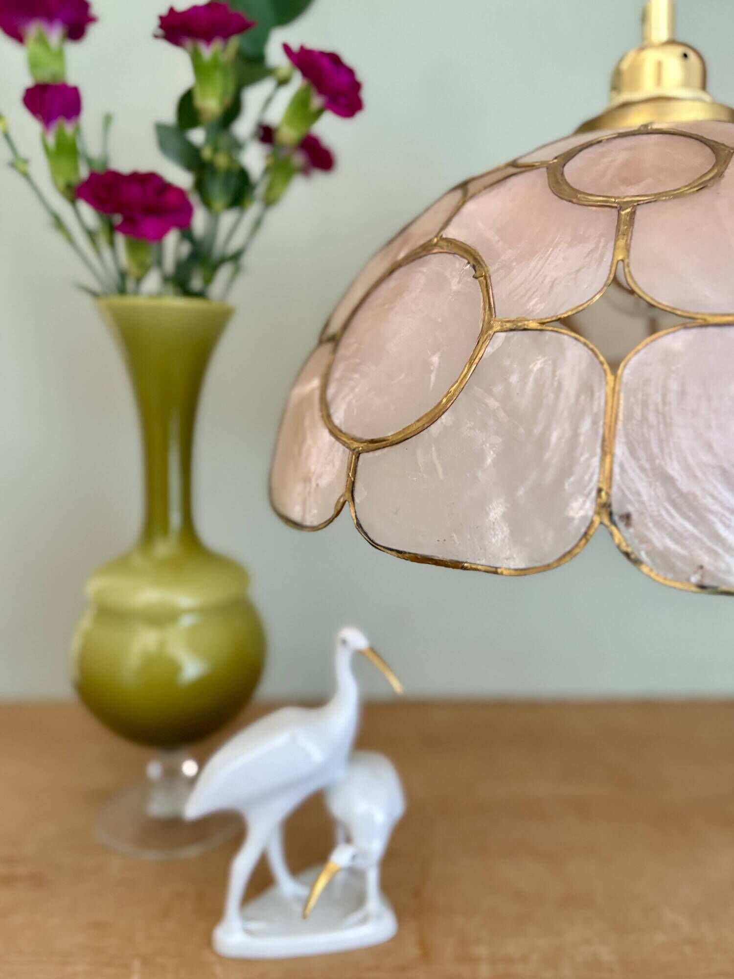 Vintage mother-of-pearl and brass lampshade pendant light