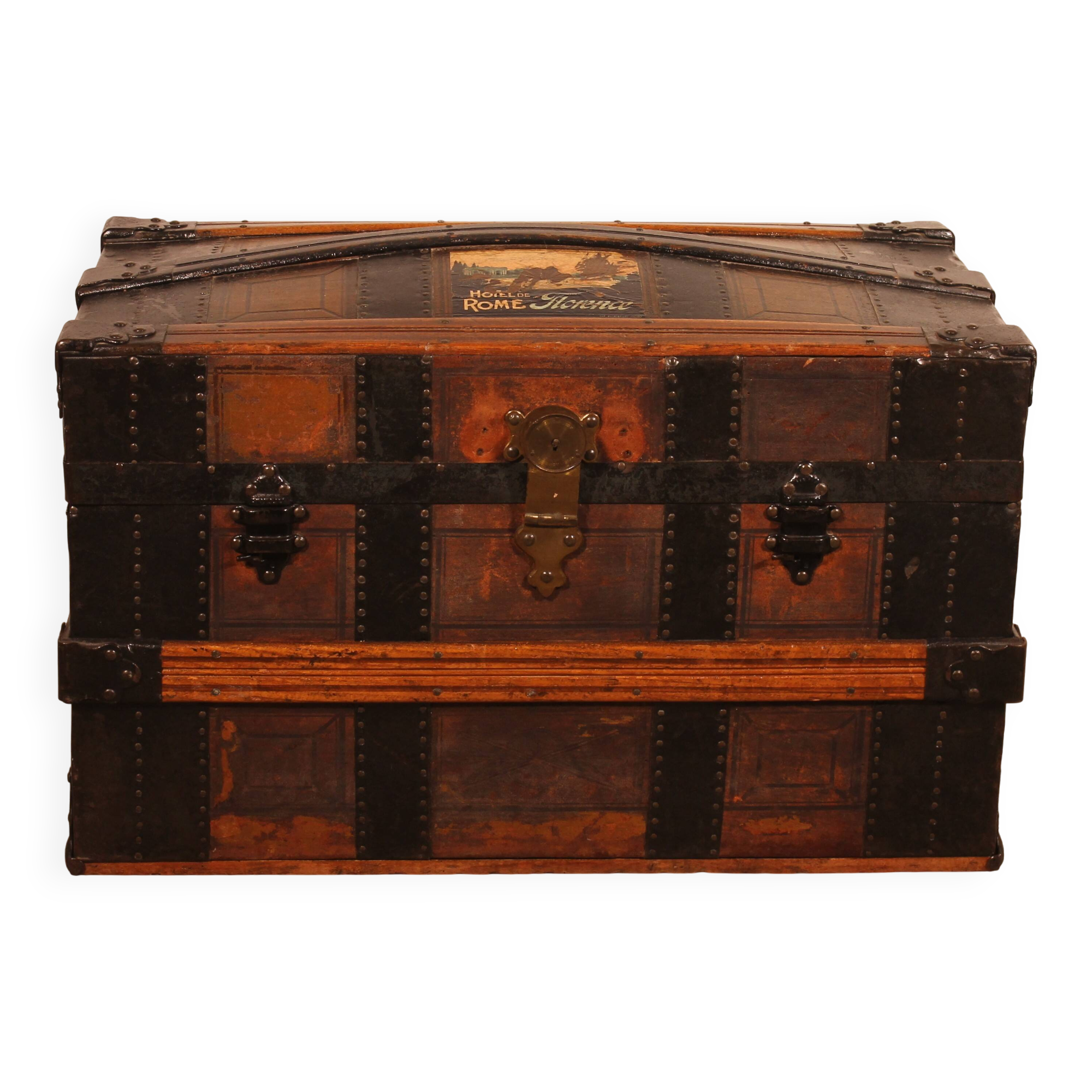 travel trunk from the early 20th century made of leather and wood