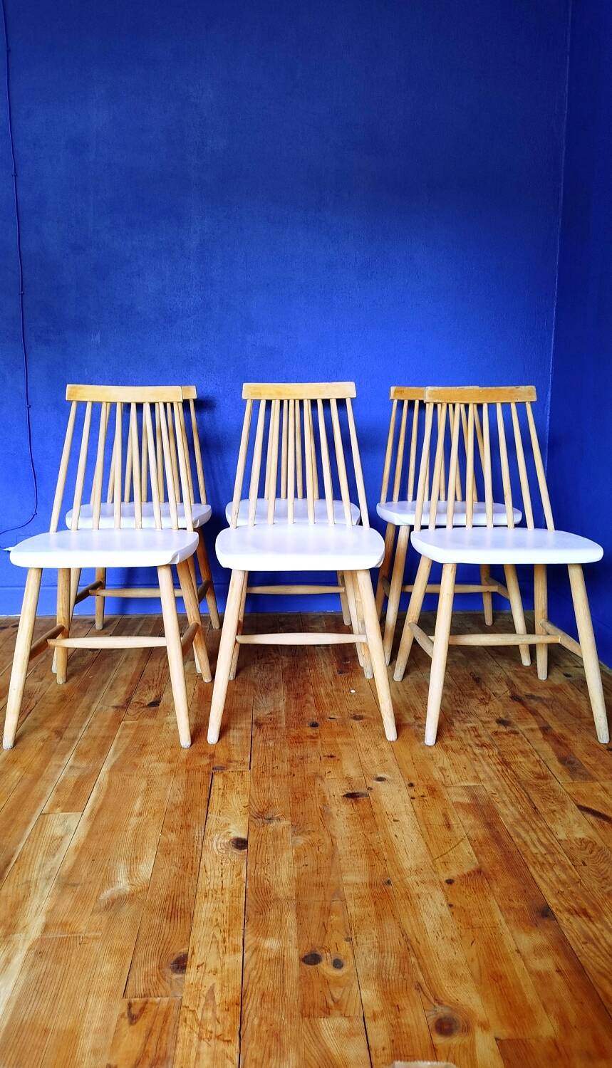 6 vintage wooden and white chairs