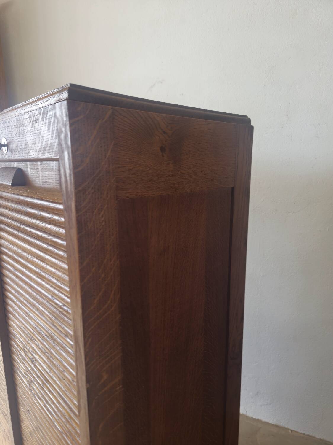 Antique 1950s double sliding door filing cabinet with curtains