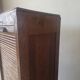 Antique 1950s double sliding door filing cabinet with curtains