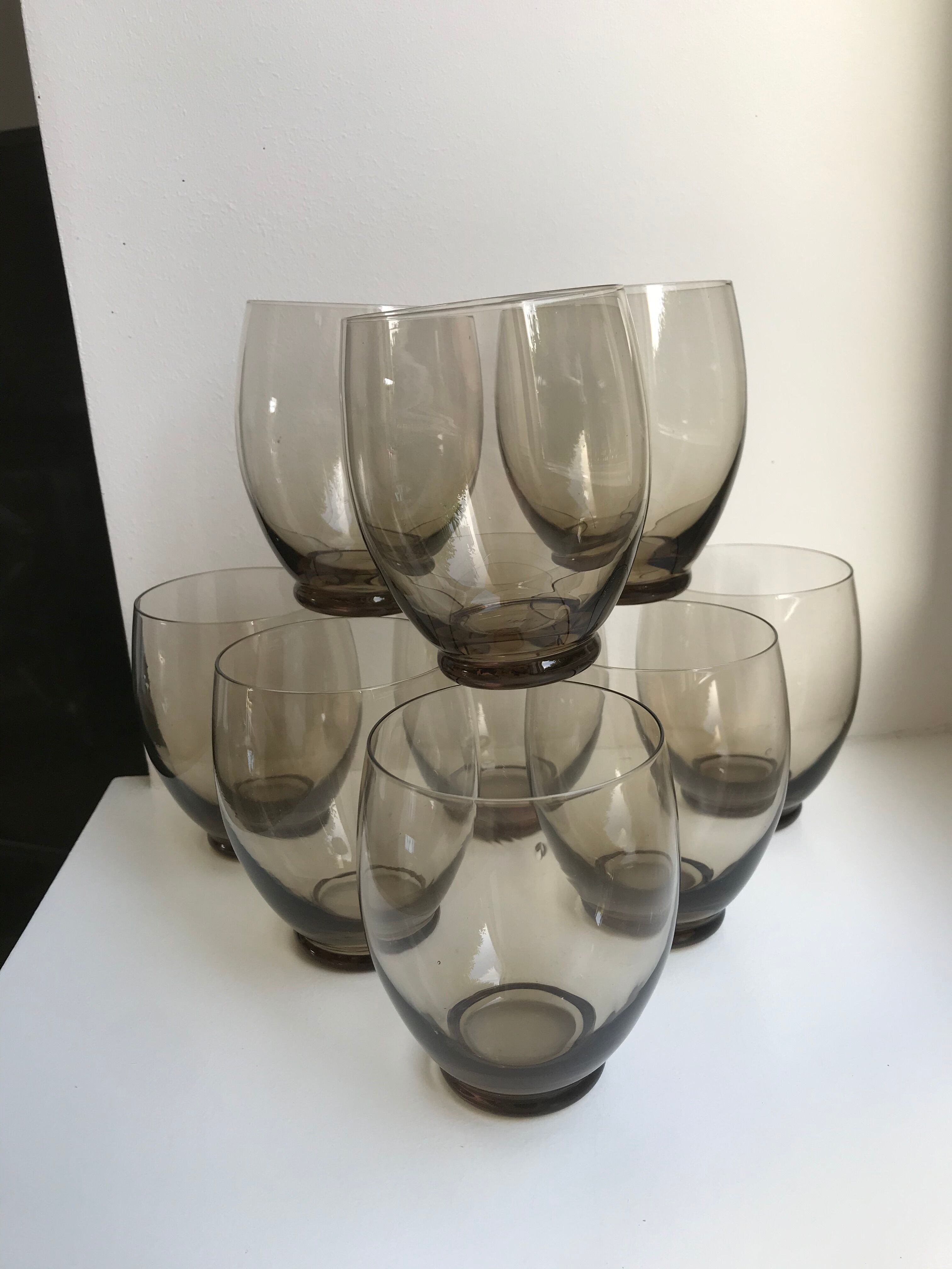 Set of 9 large design art deco smoked glass water glasses 30s