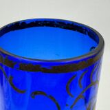 Antique blue glass vase, hand-painted bronze floral decoration / Art Nouveau