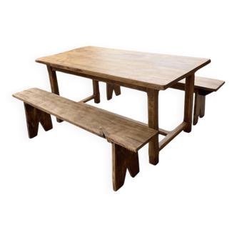 Oak farmhouse table and its two benches