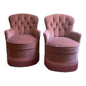 Pair of old pink upholstered toad armchairs