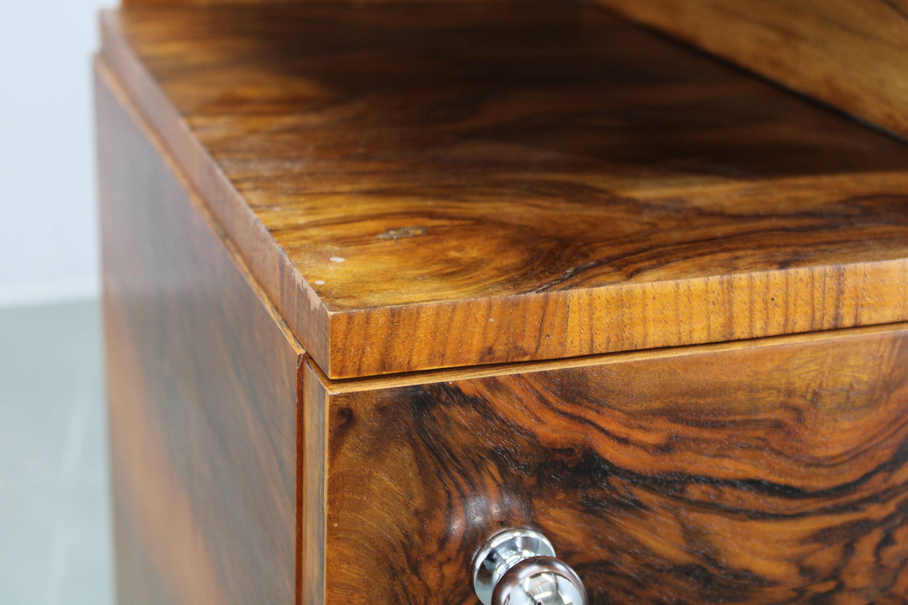 Pair of Art Deco walnut bedside tables from the 1930s.