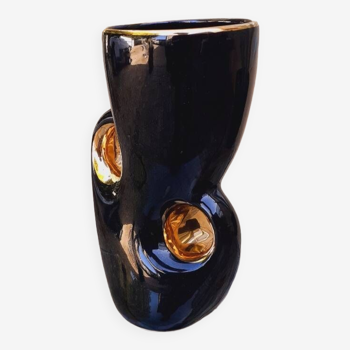 Vase vintage en céramique noir et or année 60