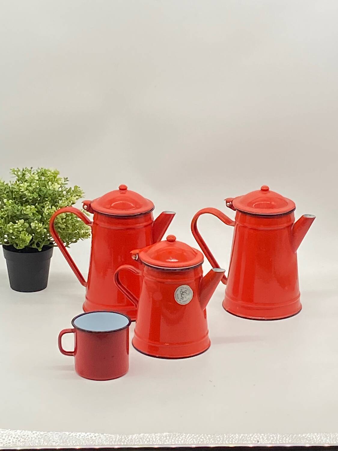 Set of red/white enameled metal coffee makers, vintage
