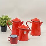 Set of red/white enameled metal coffee makers, vintage