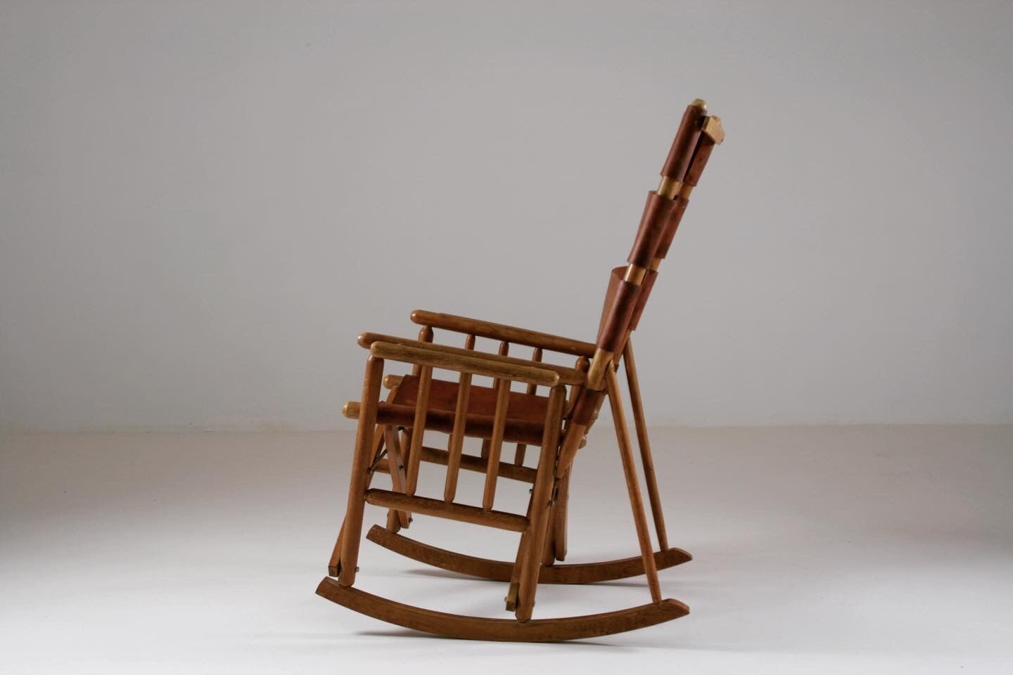 American rocking chair in wood and leather, 1960s