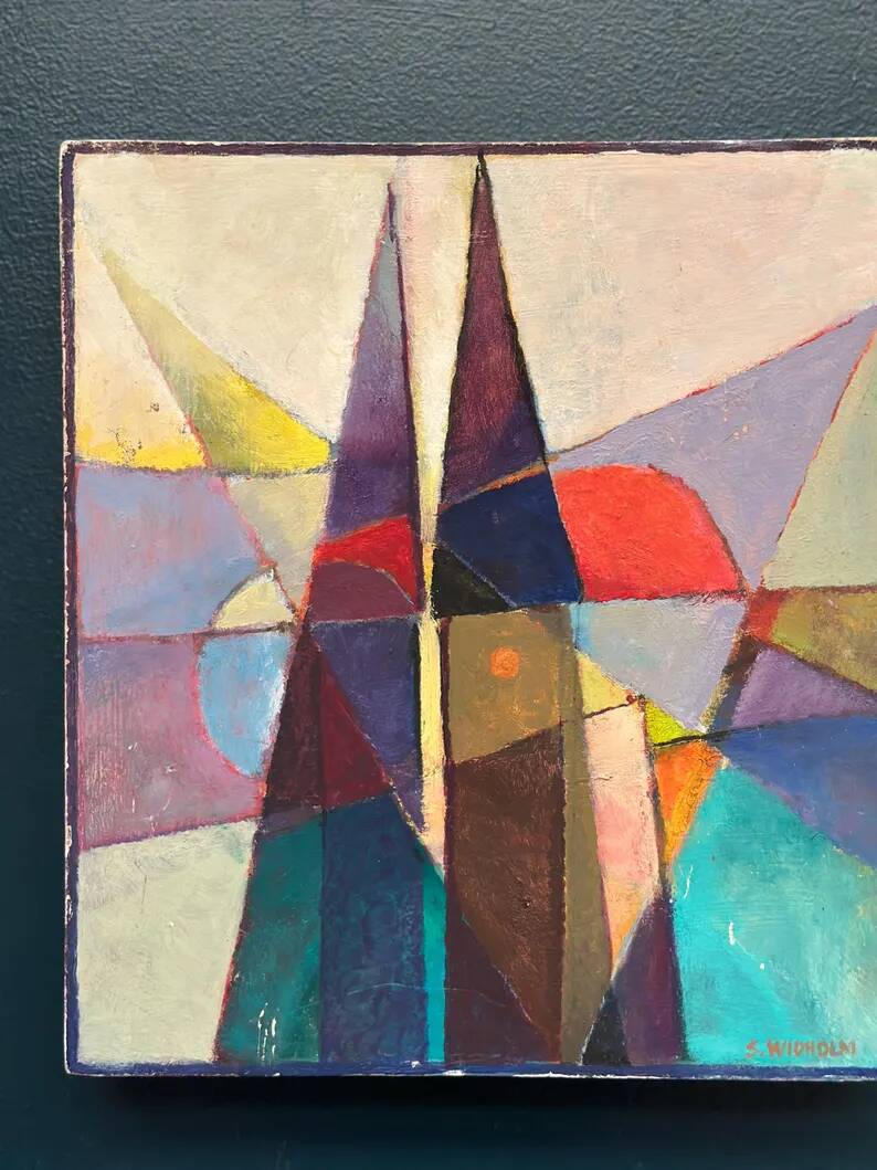 Oil on Swedish panel – 'Geometric Composition' by Stellan Widholm – Signed – vintage and framed – 35 × 32 × 5 cm