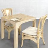 Square Rattan and Stone Marquetry Table with Matching Chairs, 1970