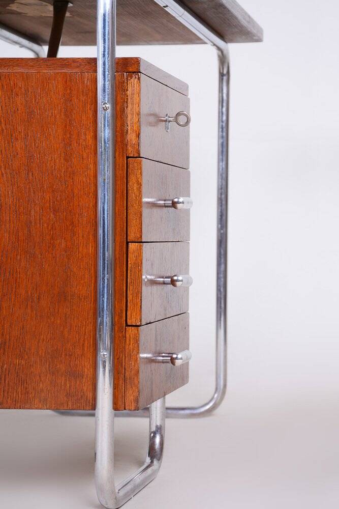 Bauhaus Writing Desk in Oak and Chrome by R. Slezák, Czech, 1930s