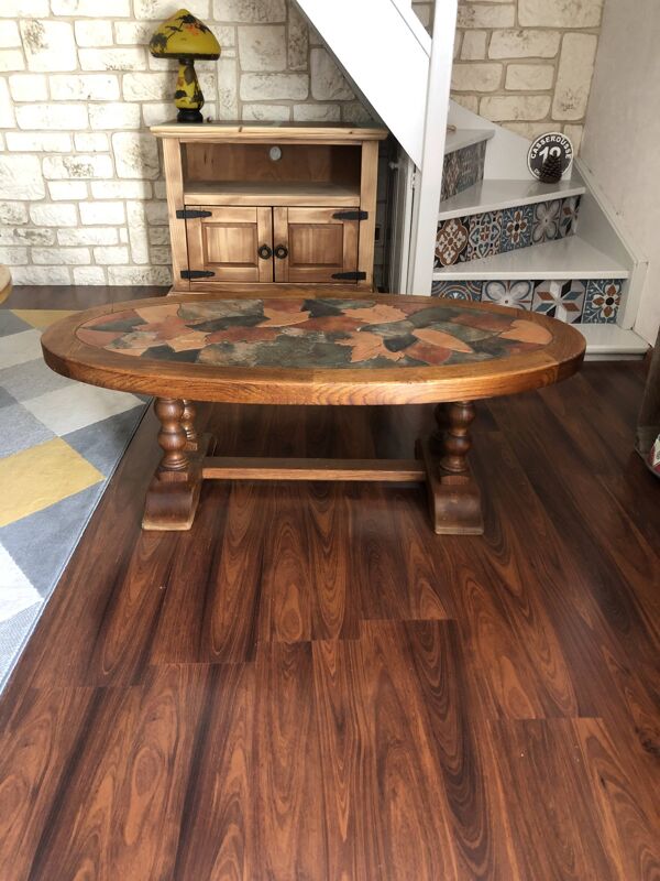 Table basse en bois et céramique Vallauris signée Louis Barrois
