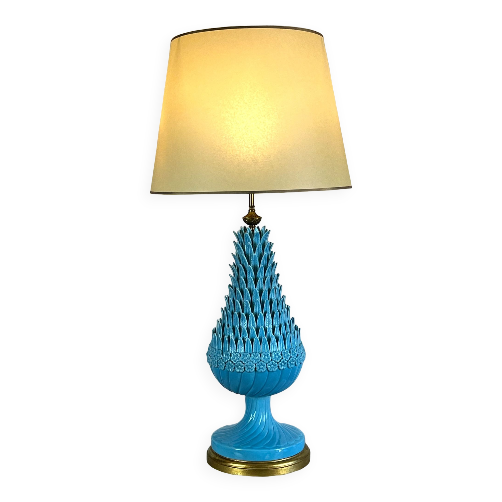 1.05 m pineapple lamp in turquoise ceramic on a gilded wooden base from the 1950s