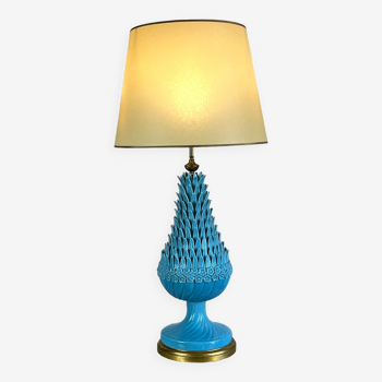 Lampe ananas de 1,05 m en ceramique turquoise sur socle en bois doré années 50