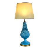 1.05 m pineapple lamp in turquoise ceramic on a gilded wooden base from the 1950s
