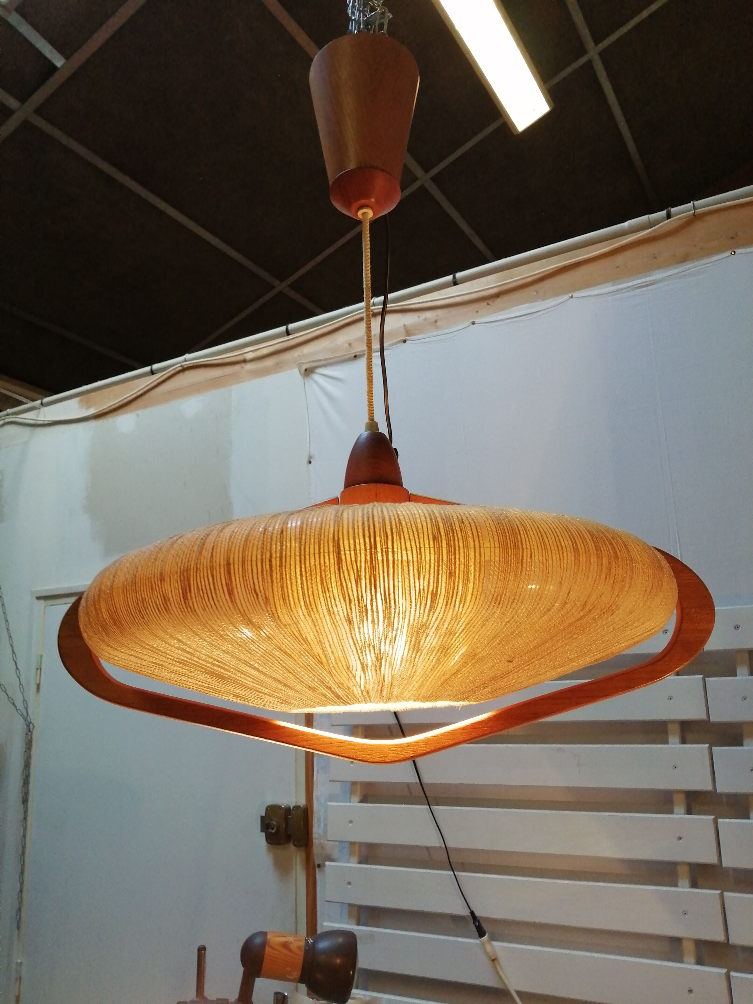 Sisal Ufo pendant lamp and vintage teak by Temde Leuchten