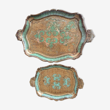 Lot of 2 Venetian trays in painted wood, gold and turquoise green