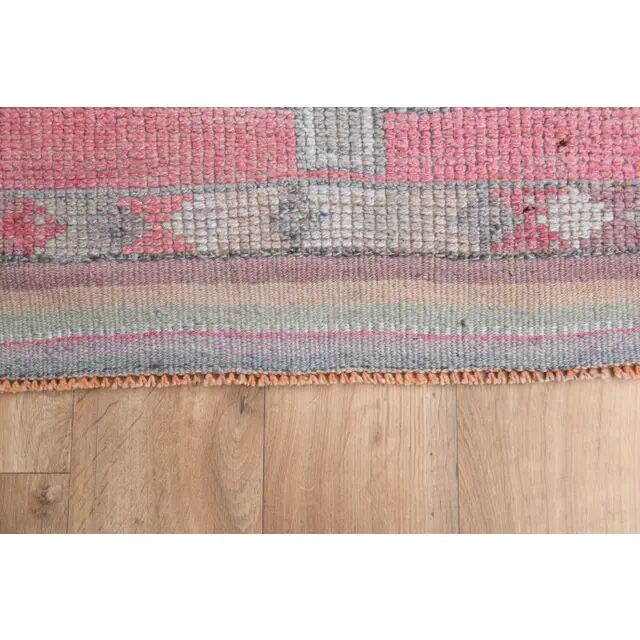 1970s Vintage Turkish Oushak Handmade Wool Cotton Pink Runner Rug 93x327