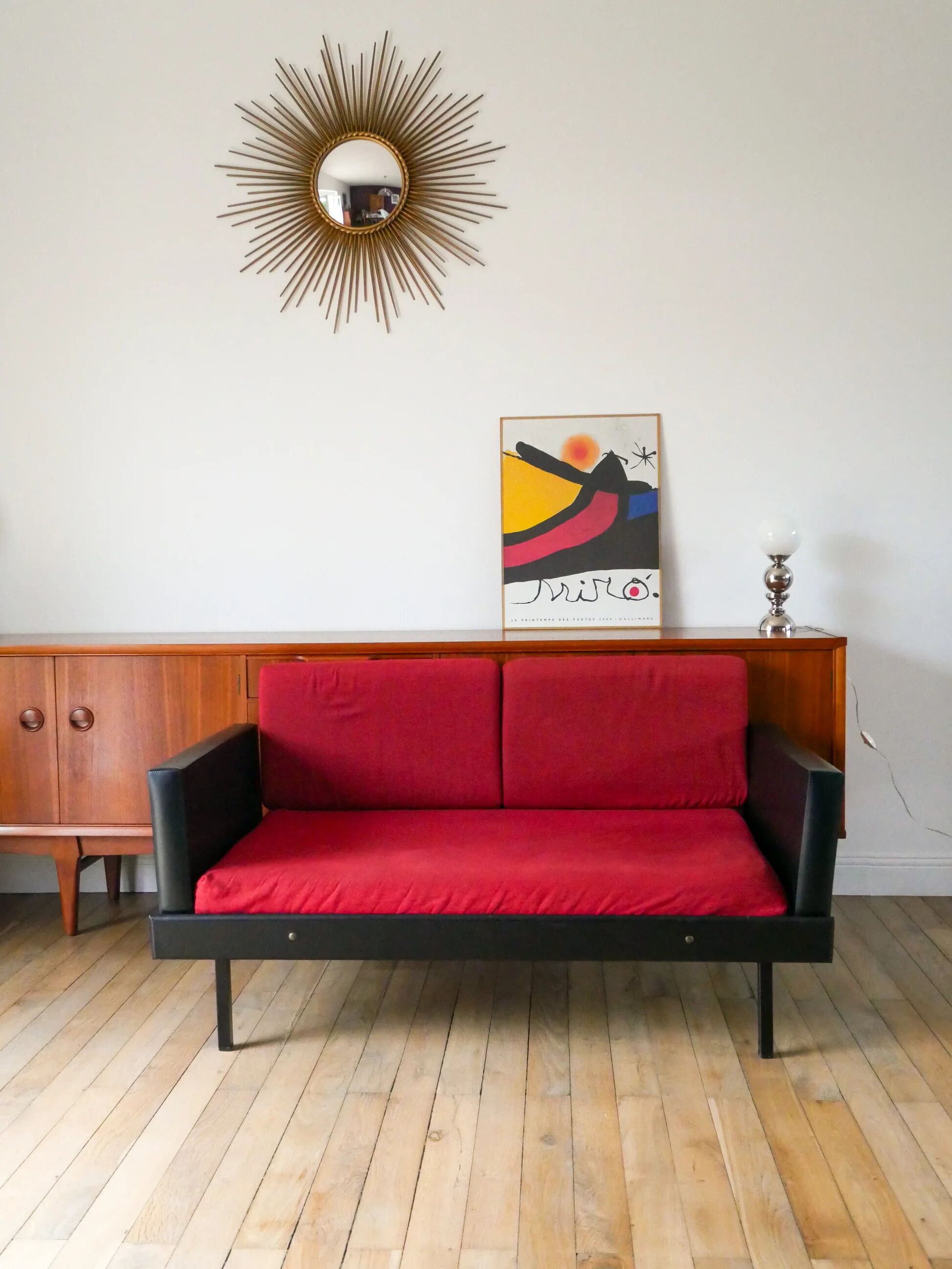Day Bed sofa in skai, red mottled fabric and black metal 1950