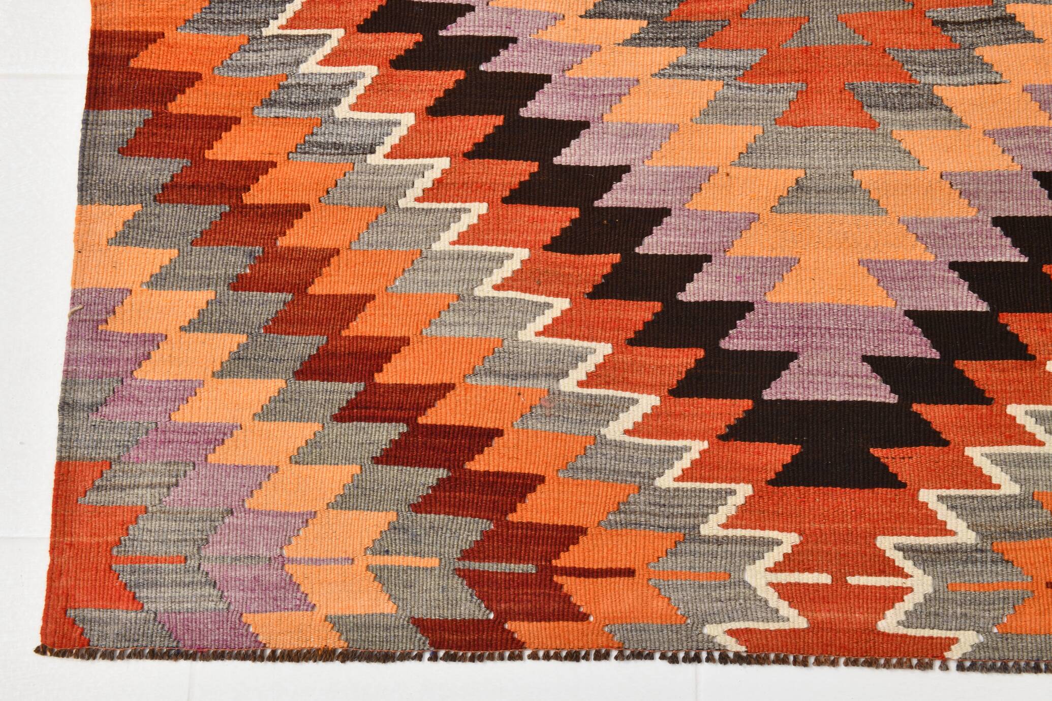 Purple & Orange Geometric Kilim Rug, 126x253Cm