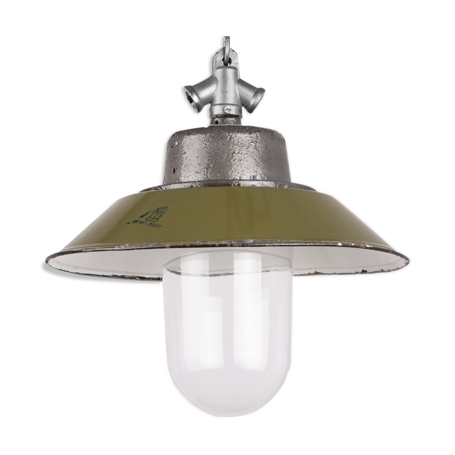 Industrial enamel lamp with glass and cast iron, Poland, 1960s