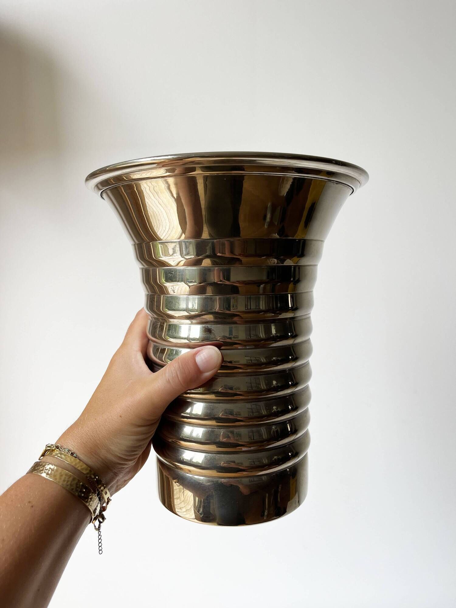 Vintage modernist striped polished aluminium vase