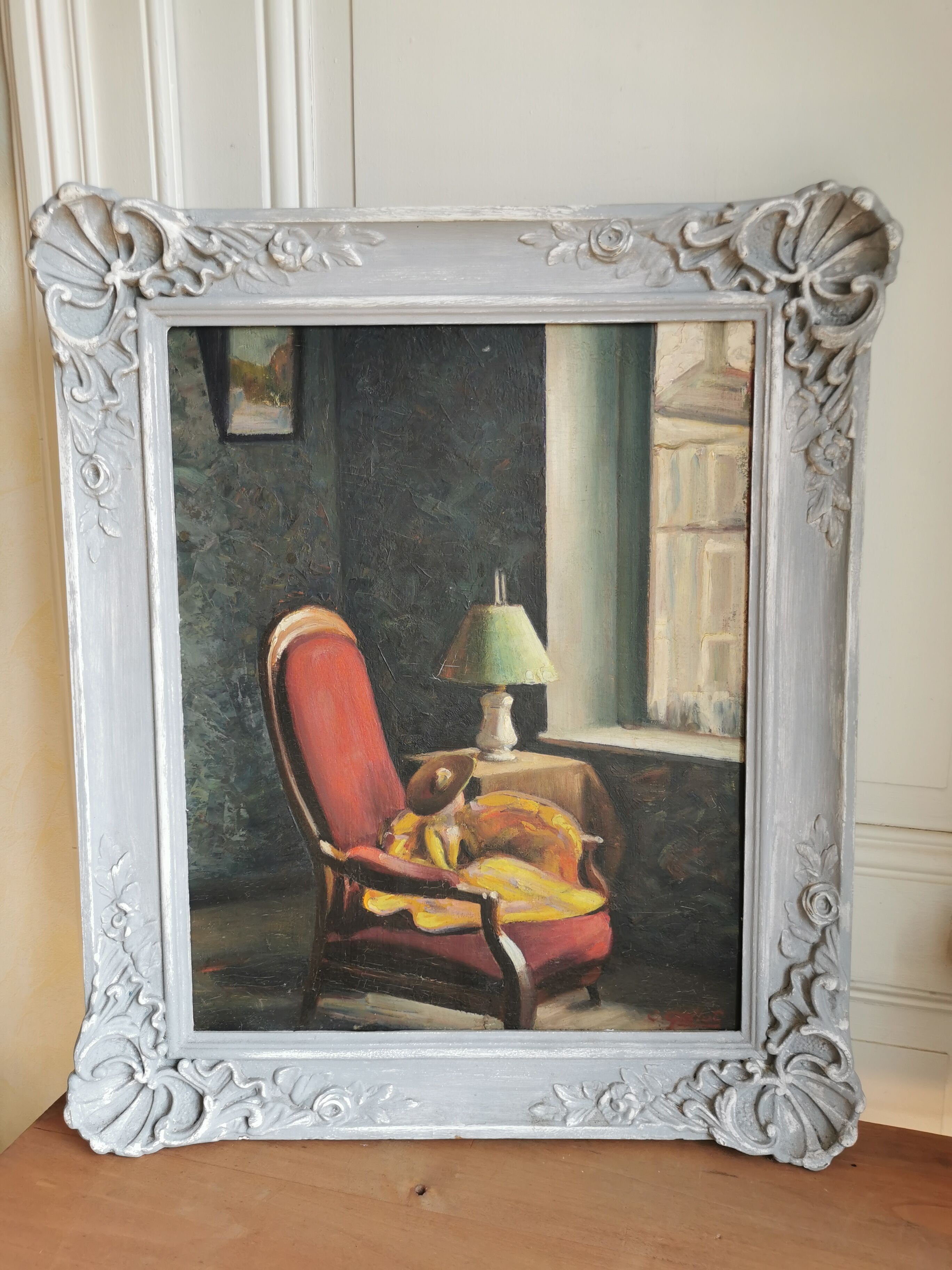 Painting interior scene, oil on plywood, early twentieth.