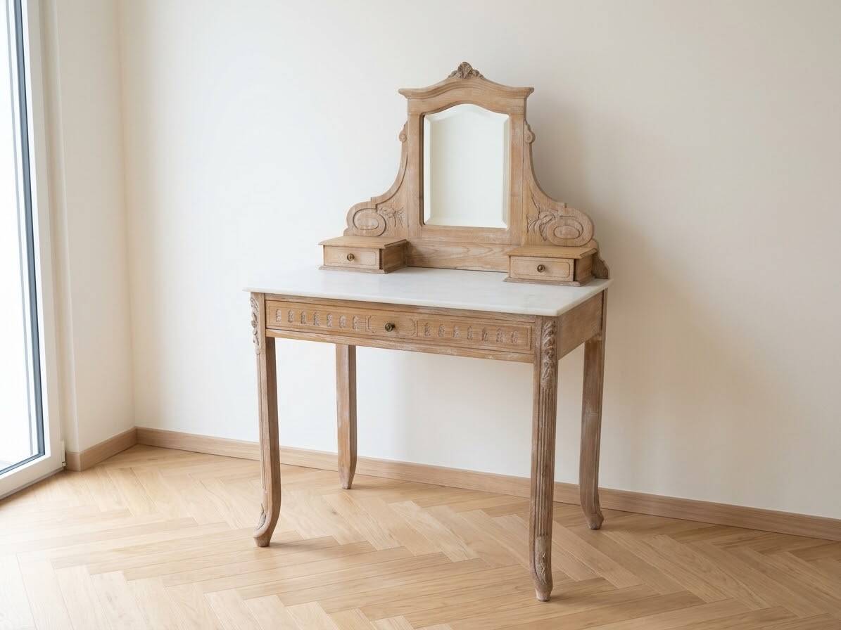 Coiffeuse ancienne en bois et marbre blanc avec miroir