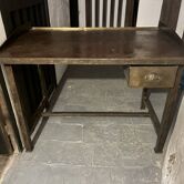 Vintage industrial workshop desk in patinated metal - brass drawer
