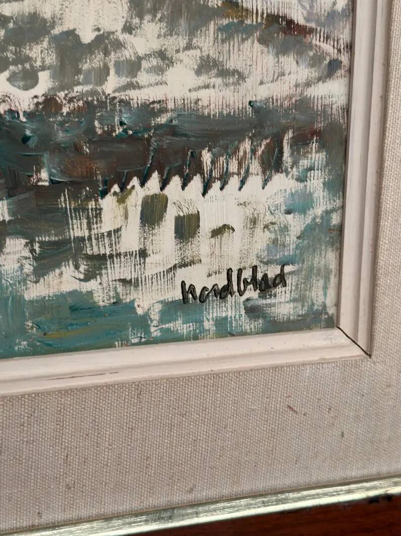Original Swedish Oil on Canvas – "Landscape with Buildings" by Gösta Nordblad – Signed – Vintage and Framed