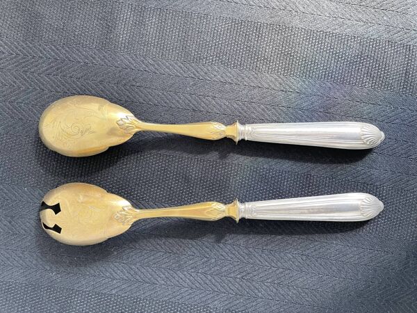 service de couverts à salade, argent fourré, métal doré, France
