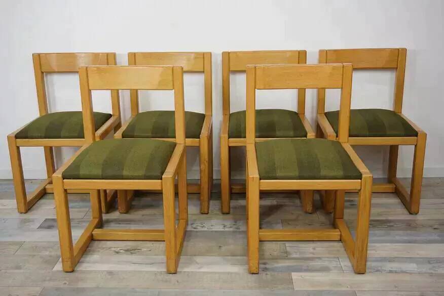 Set of 6 modernist chairs in wood and fabric from the 60s