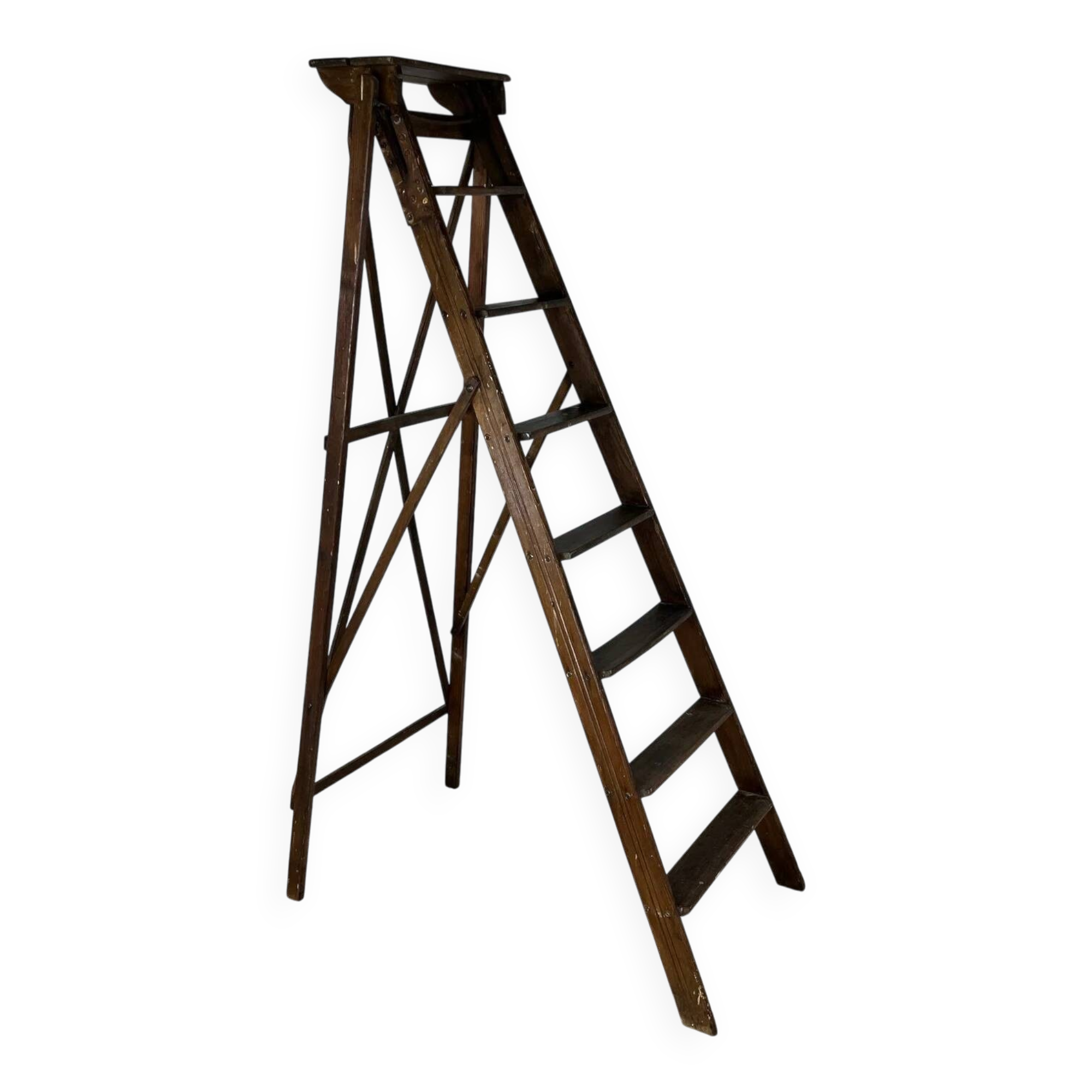 Large wooden painter's step ladder, patinated, 20th century