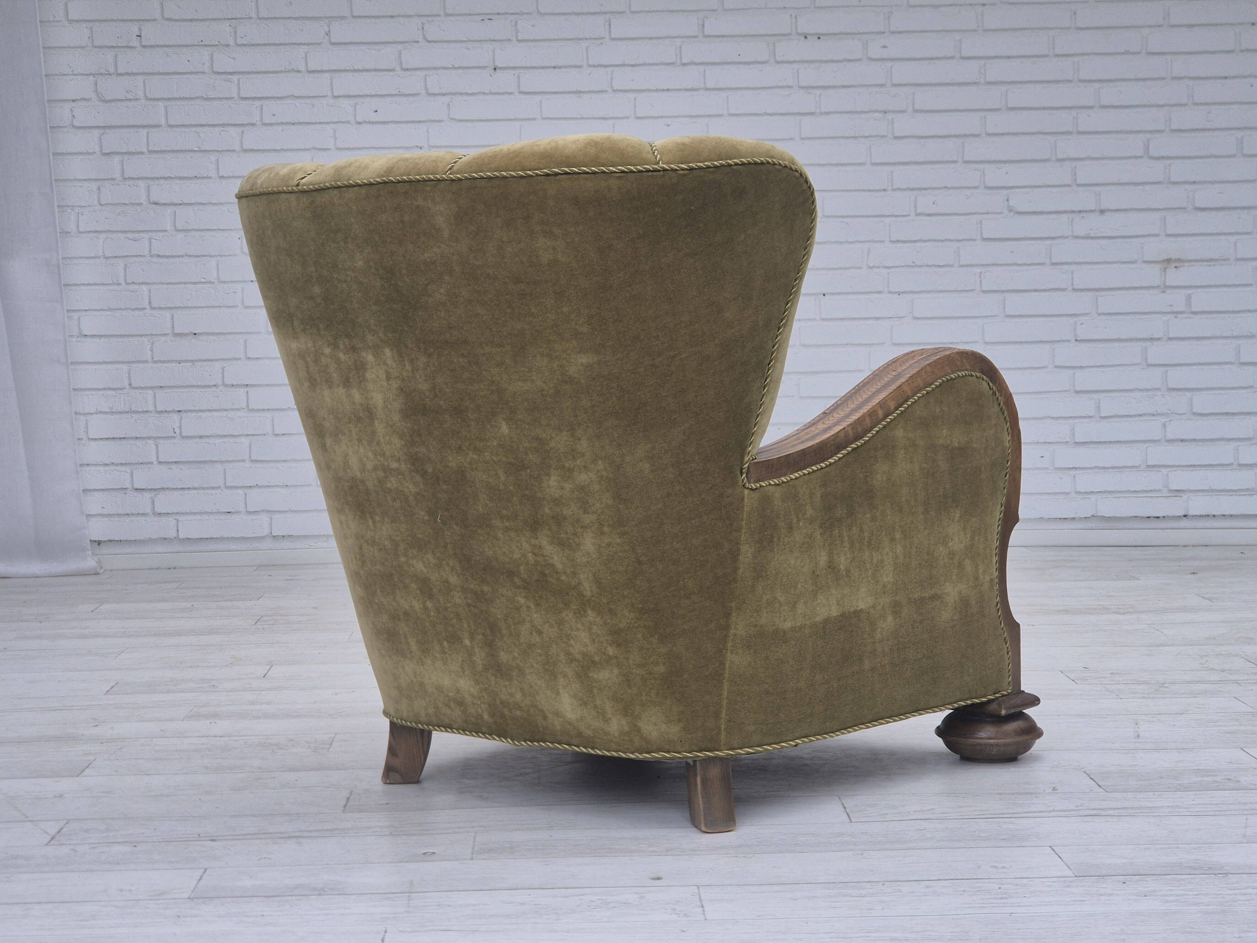 1960s, Danish relax armchair, green furniture velour fabric, oak wood.