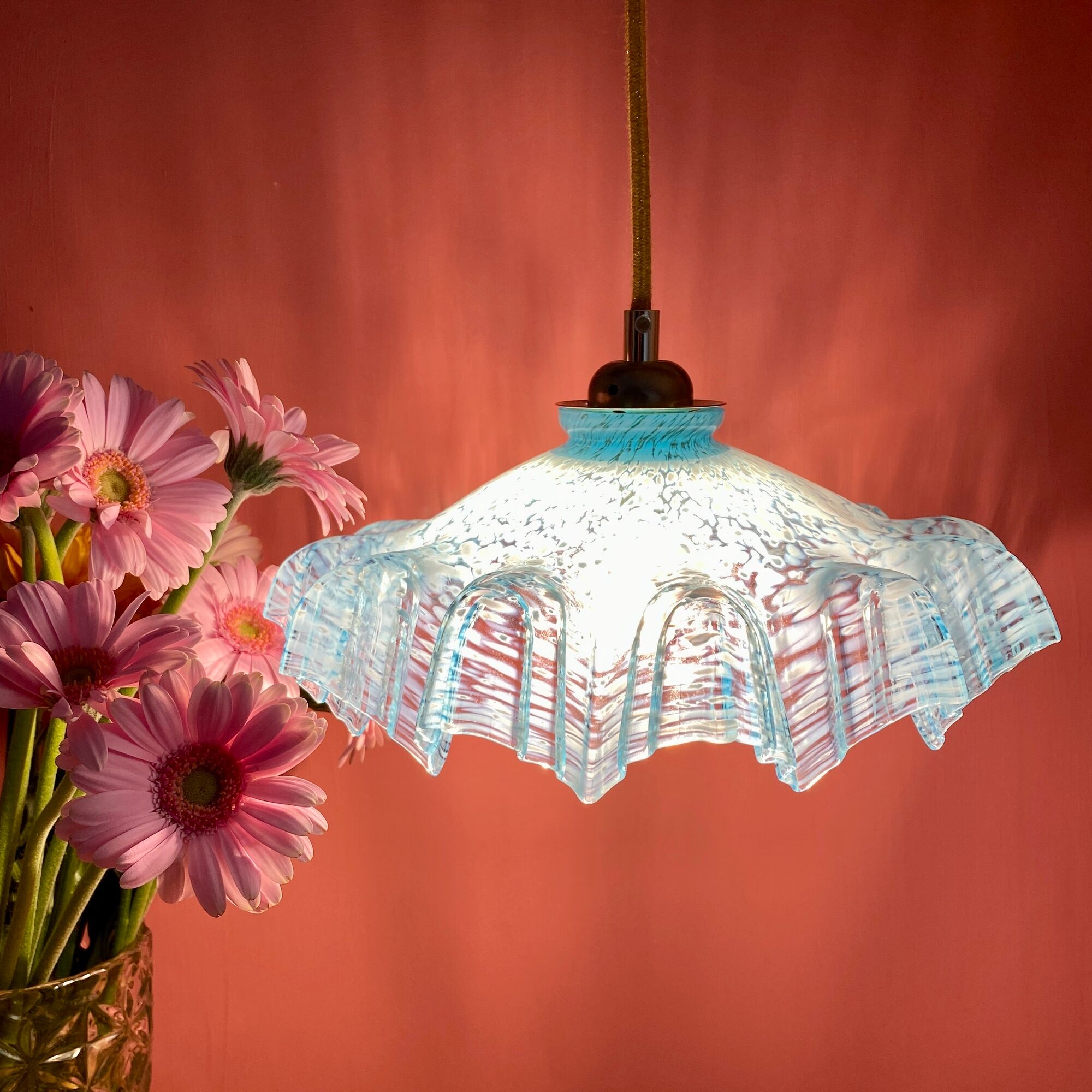 Vintage aabt-jour pendant lamp in blue Clichy glass
