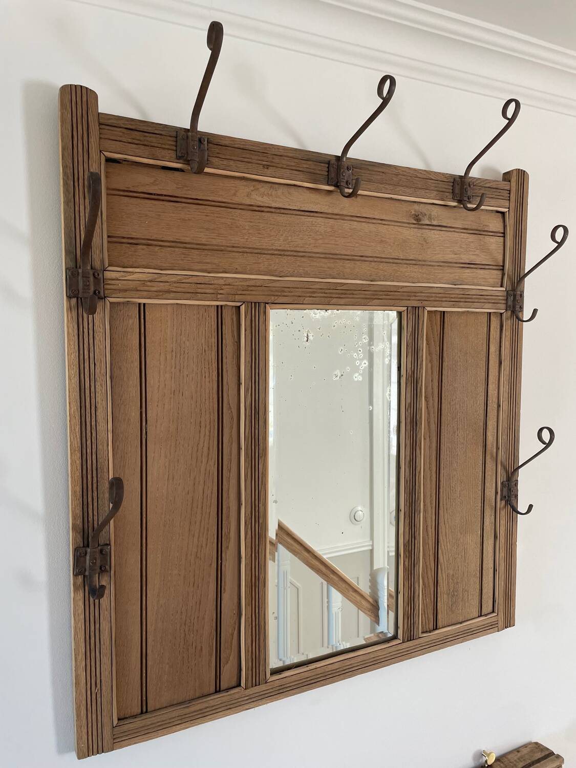 Vintage carved wood wall coat rack mirror - 6 iron hooks