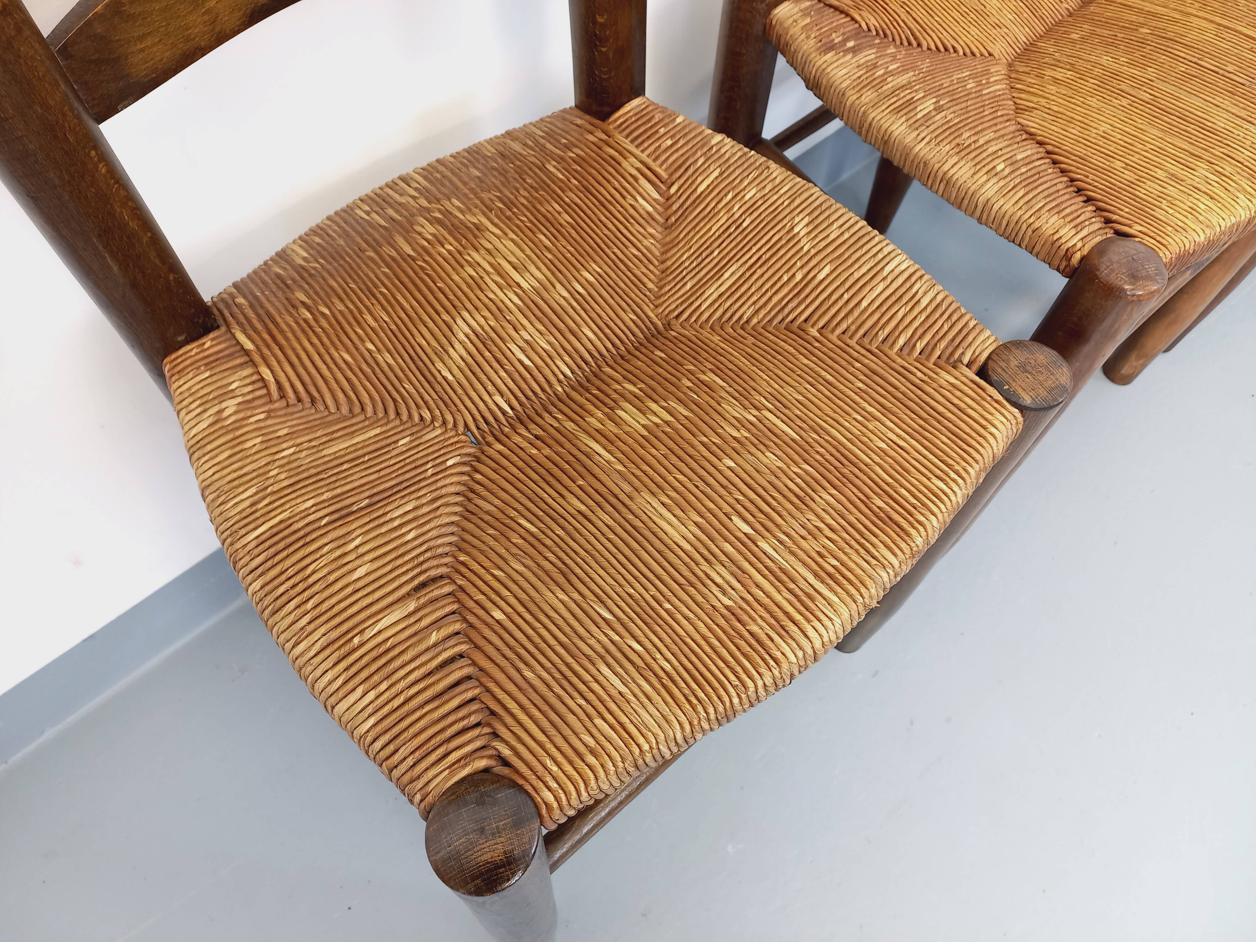 Set of 4 vintage brutalist chairs in wood and straw from the 60s