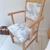 Chair / Armchair in solid wood and blue toile de Jouy